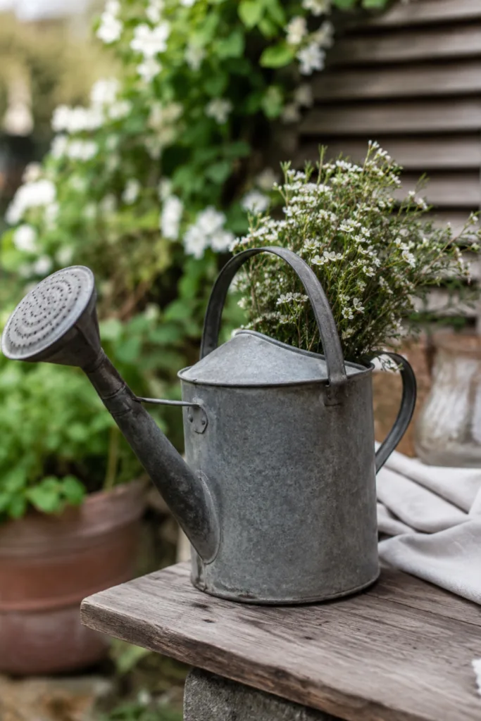 Alte Zinkgießkanne mit Blumen als Schrebergartendeko im Juni auf rustikalem Gartentisch.