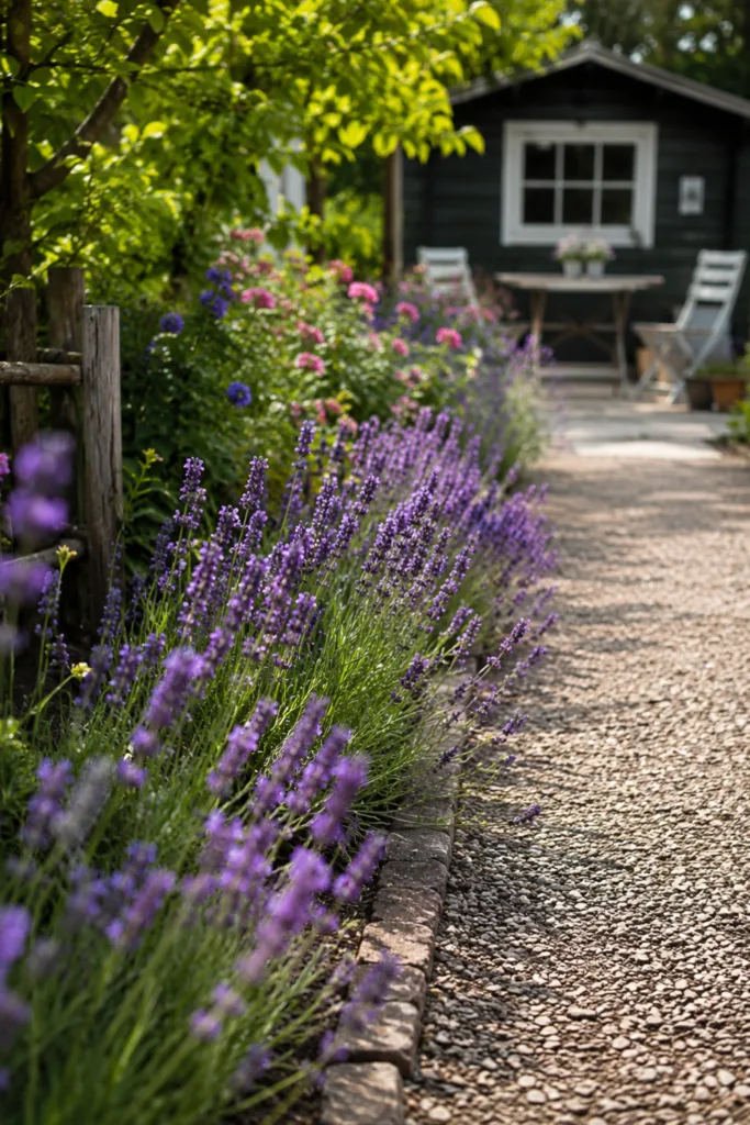 Schrebergartendeko im Juni mit Lavendel entlang eines Gartenwegs und blühenden Beetkanten.