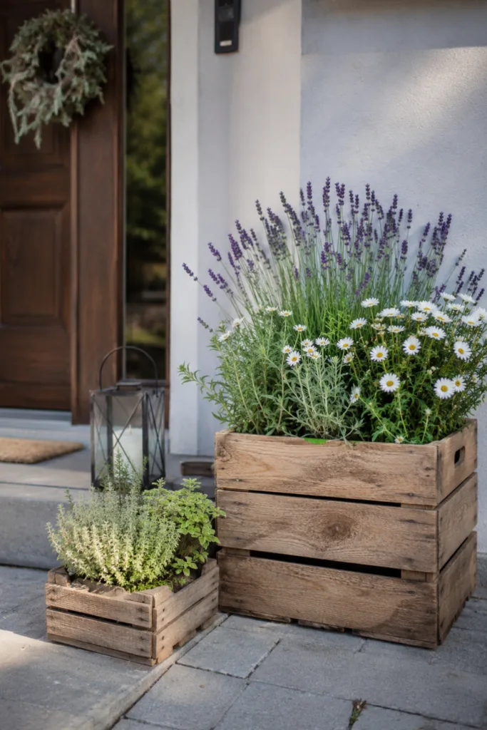 Gartendeko mit Holzkisten am Hauseingang, bepflanzt mit Lavendel und Margeriten als Blickfang.