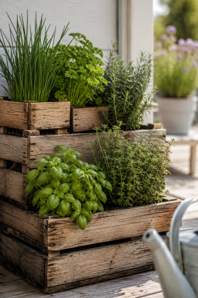 Gartendeko mit Holzkisten als Kräuterecke mit Basilikum, Thymian und Schnittlauch auf der Terrasse.
