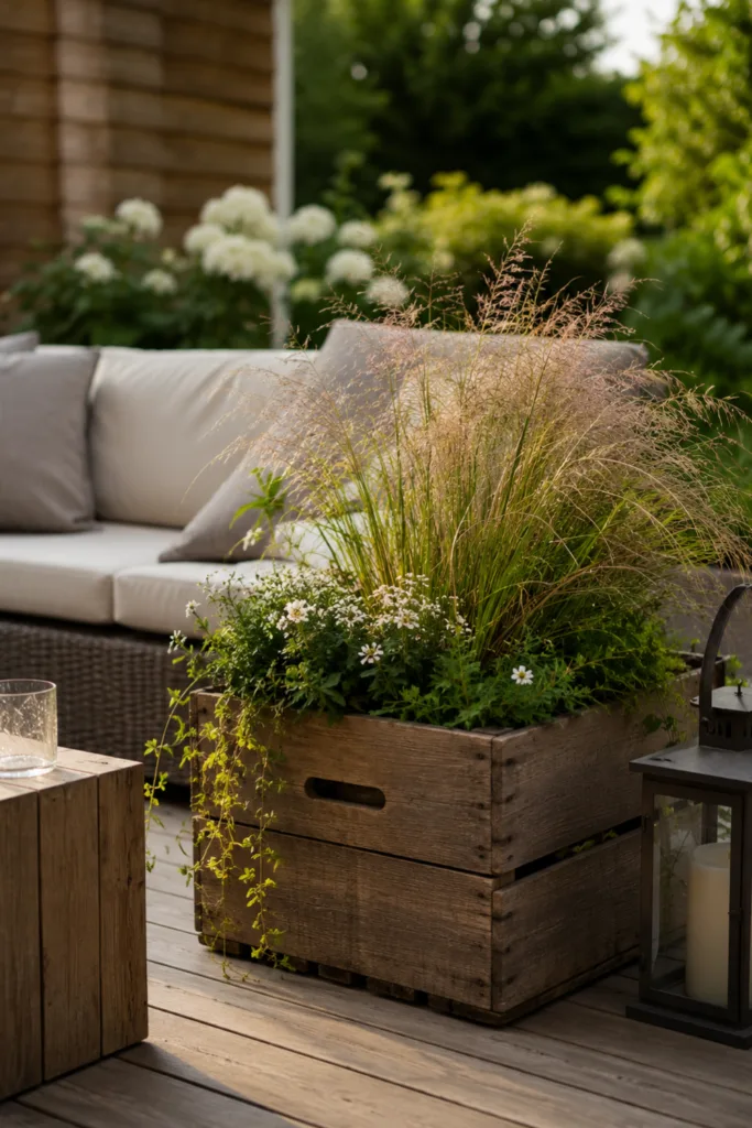 Gartendeko mit Holzkisten neben Sitzecke auf Terrasse mit Gräsern, Blumen und Laterne als Blickfang.