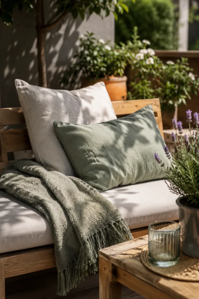 Deko für kleinen Garten im Juni mit gemütlicher Sitzecke und wohnlichen Textilien im Freien.