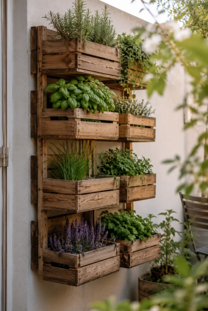 Vertikale Gartendeko mit Holzkisten an einer Wand im kleinen Garten mit Kräutern und Zierpflanzen.