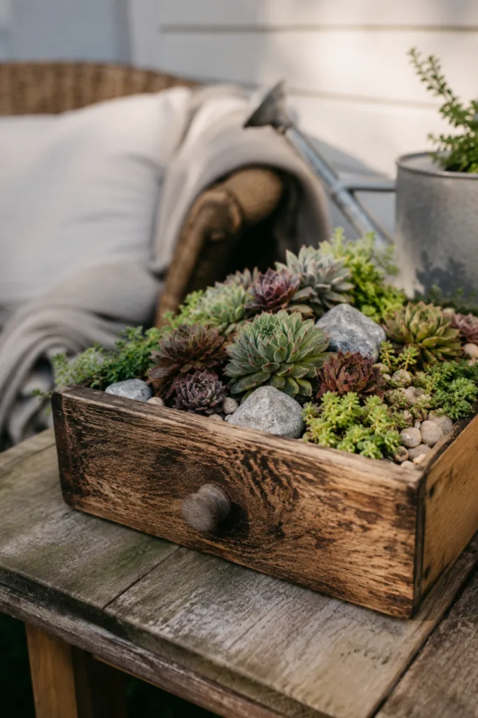 Gartendeko mit Sukkulenten – 5 langlebige Ideen für deinen Garten Gartendeko mit Sukkulenten in alter Holzschublade auf rustikalem Gartentisch im natürlichen Tageslicht.
