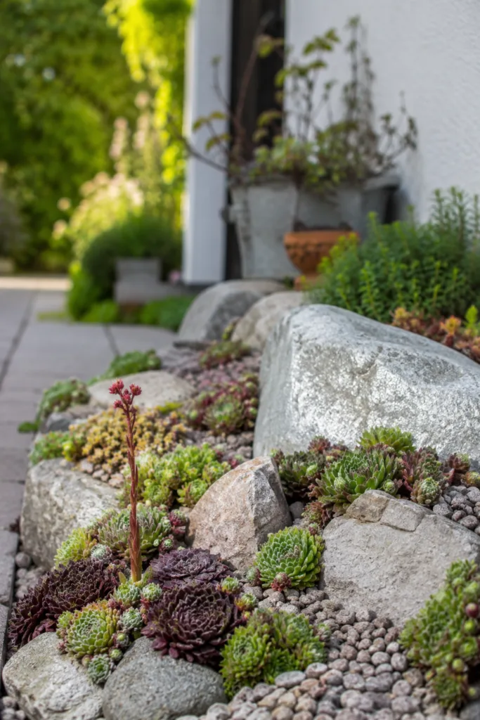 Gartendeko mit Sukkulenten – 5 langlebige Ideen für deinen Garten Mini-Steingarten mit Sukkulenten, Hauswurz und Natursteinen als pflegeleichte Gartendeko im Vorgarten.