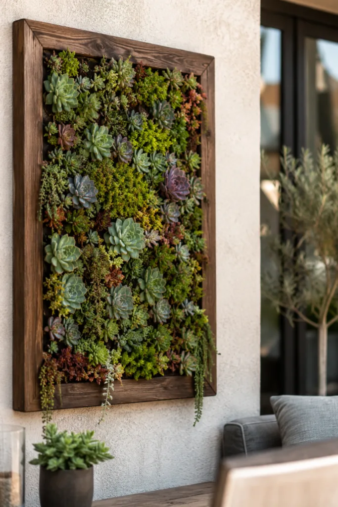 Gartendeko mit Sukkulenten – 5 langlebige Ideen für deinen Garten Vertikale Gartendeko mit Sukkulenten in Holzrahmen an sonniger Hauswand als natürlicher Blickfang.
