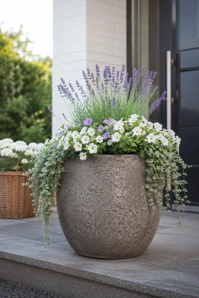 Vorgartendeko im Juni mit großem Pflanzkübel, Sommerblumen und modernem Hauseingang.