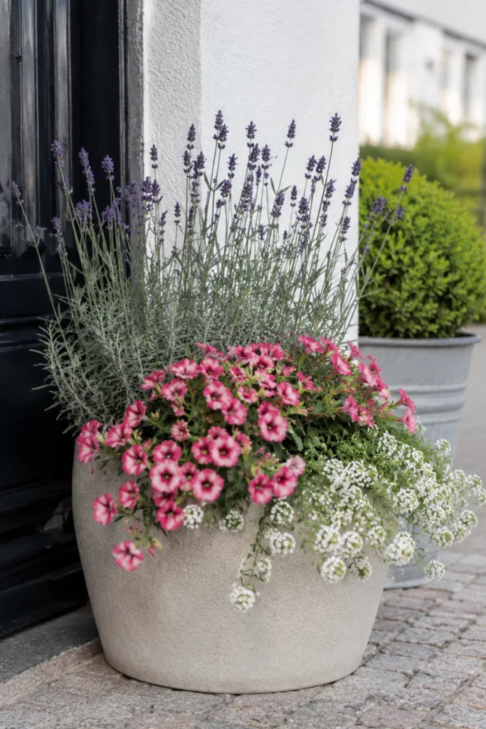 Vorgartendeko im Juni mit sommerlichen Blühpflanzen in großem Kübel am Hauseingang.
