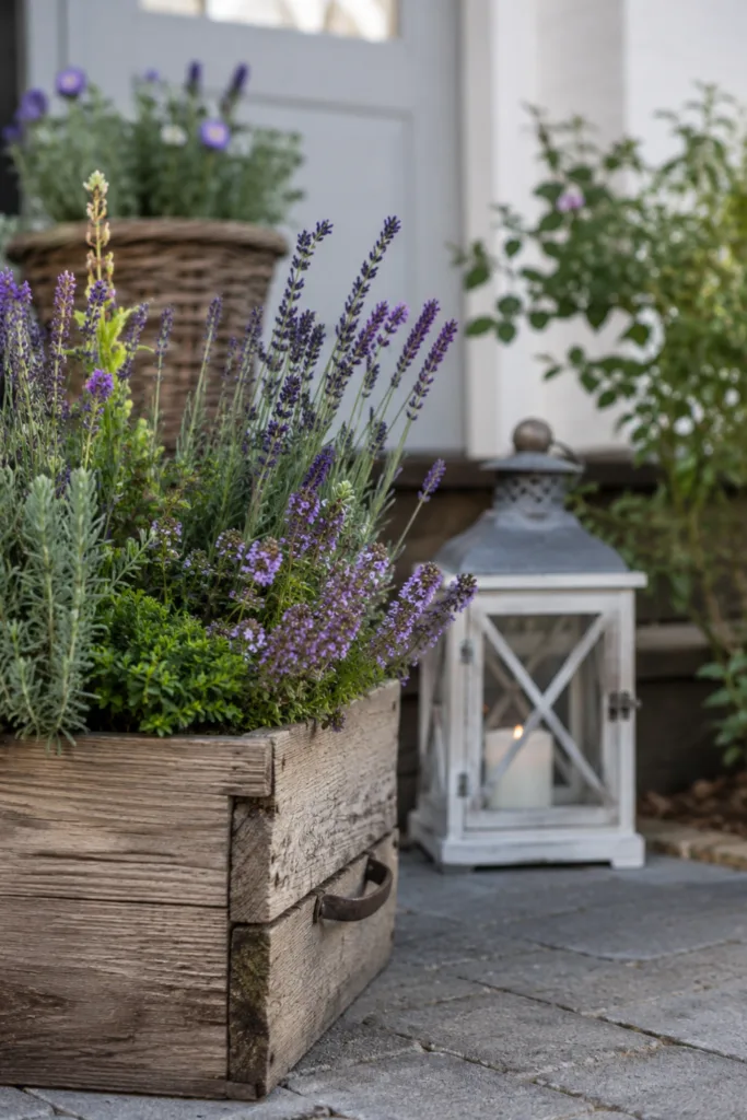 Vorgartendeko im Juni mit Holzkiste, Lavendel und Naturmaterialien vor dem Hauseingang.