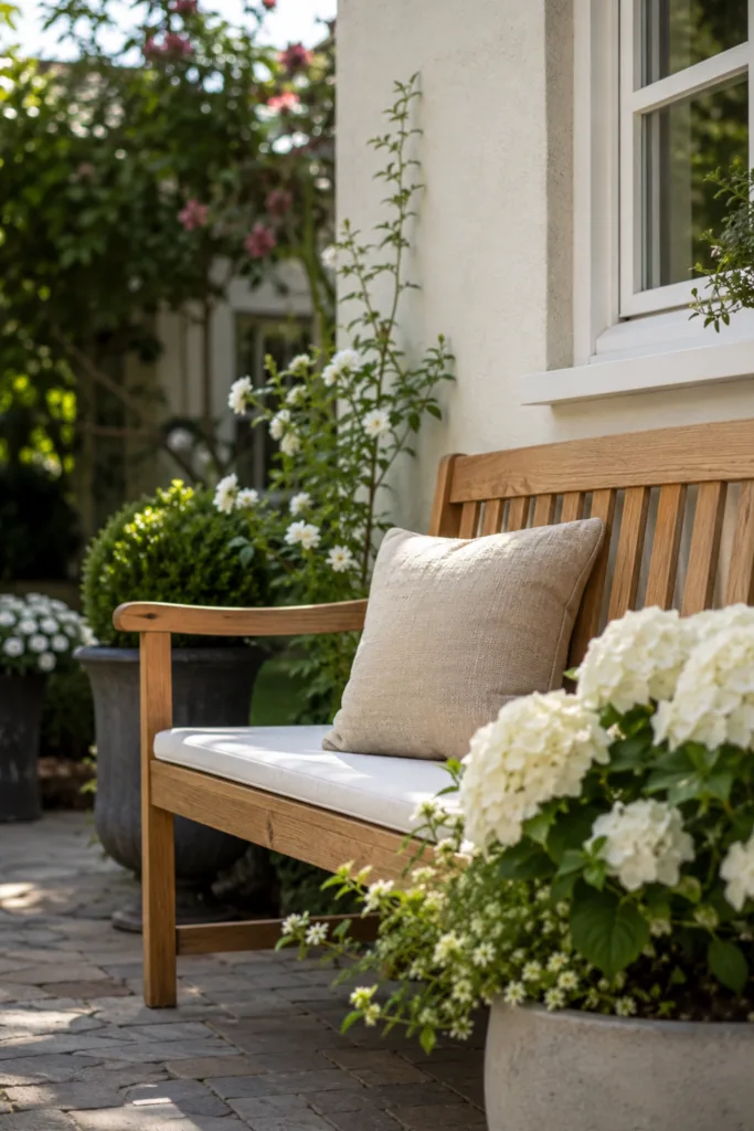 Holzbank als Ruhepunkt im Vorgarten mit Sommerblumen und stilvoller Vorgartendeko im Juni.