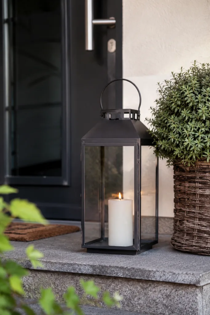 Gartendeko mit Laternen am Hauseingang neben Pflanzkübel für eine stimmungsvolle Eingangsgestaltung.