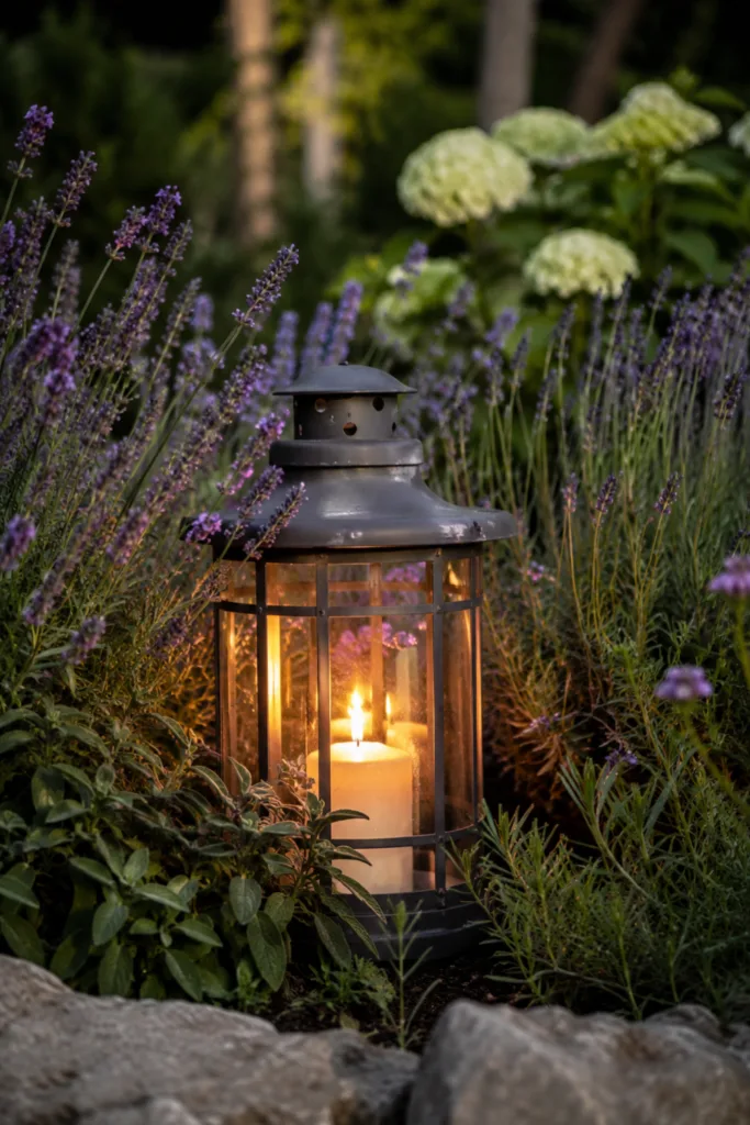 Gartendeko mit Laternen im Pflanzbeet zwischen Lavendel und Hortensien für stimmungsvolle Gartenbeleuchtung.