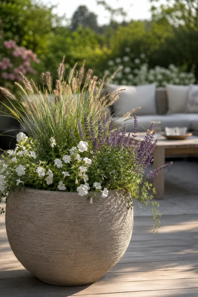 Große Pflanzgefäße als Blickfang im Juni mit Ziergräsern und Blühpflanzen im großen Garten.