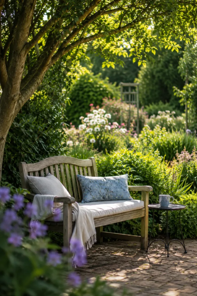 Großer Garten im Juni mit dekorativer Sitzinsel unter Baum und blühenden Stauden.