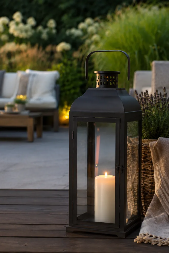Große Gartenlaterne auf Terrasse als Gartendeko im Juni mit Windlicht und stimmungsvoller Beleuchtung.