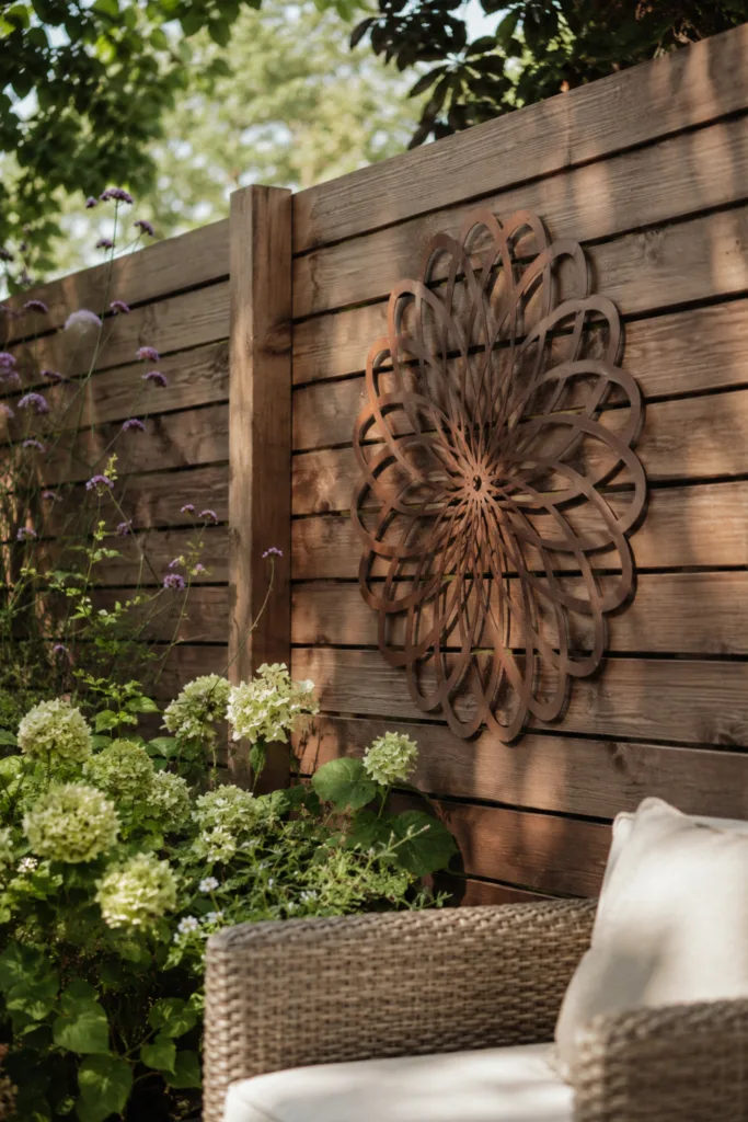 Großer Garten mit dekorativer Gartenwand, Sichtschutz aus Holz und blühenden Pflanzen im Juni.