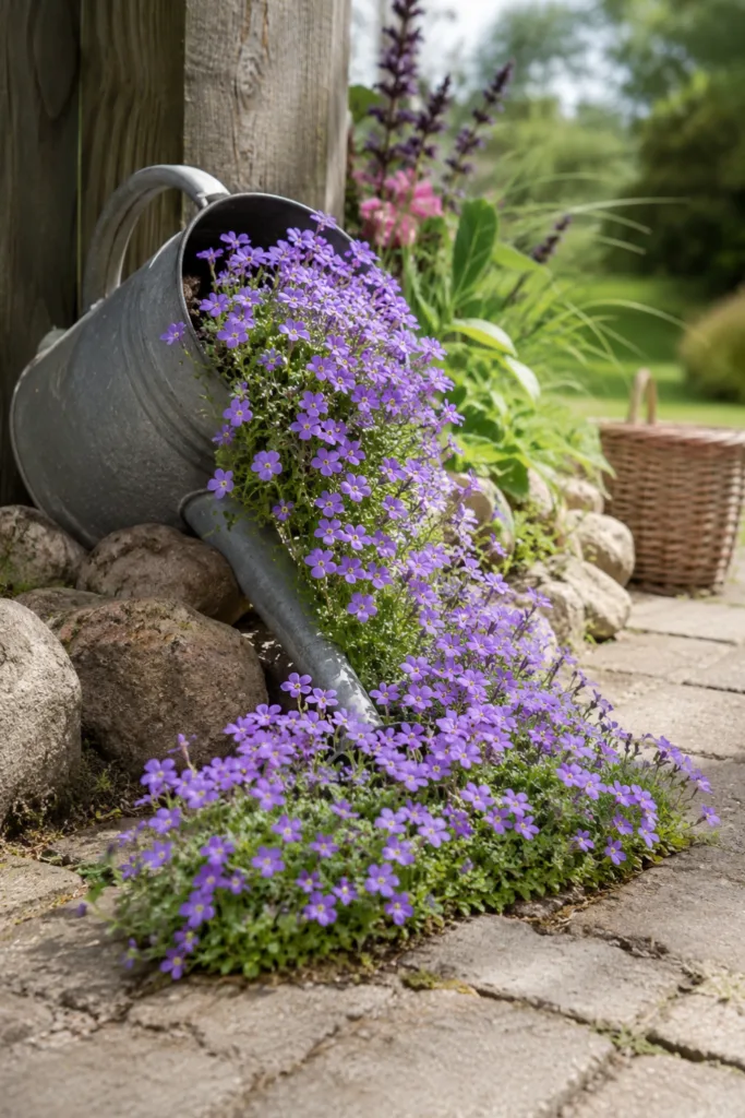 Gartendeko mit alter Gießkanne und Blumenfluss aus Blaukissen als dekorativer Blickfang im Beet.