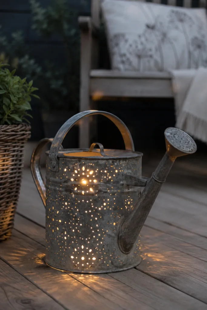 Gartendeko mit alter Gießkanne als Laterne mit warmem Licht auf einer Terrasse im Garten.