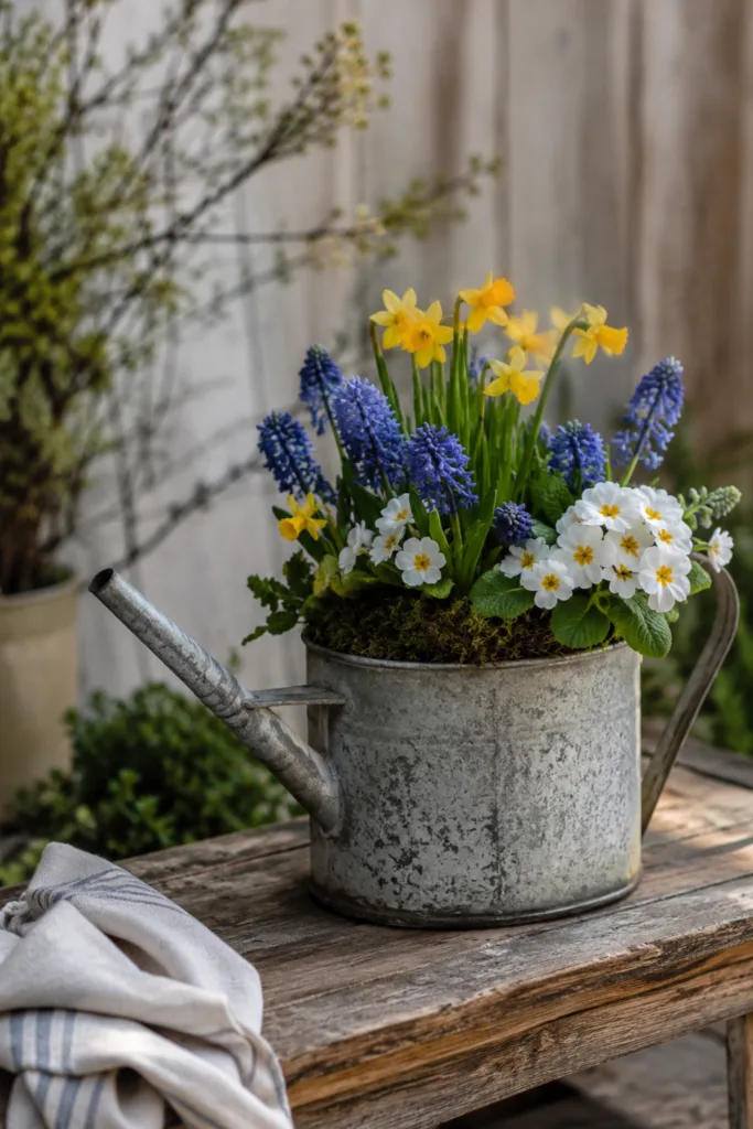 Gartendeko mit alter Gießkanne und saisonaler Bepflanzung als dekorativer Blickfang im Garten.