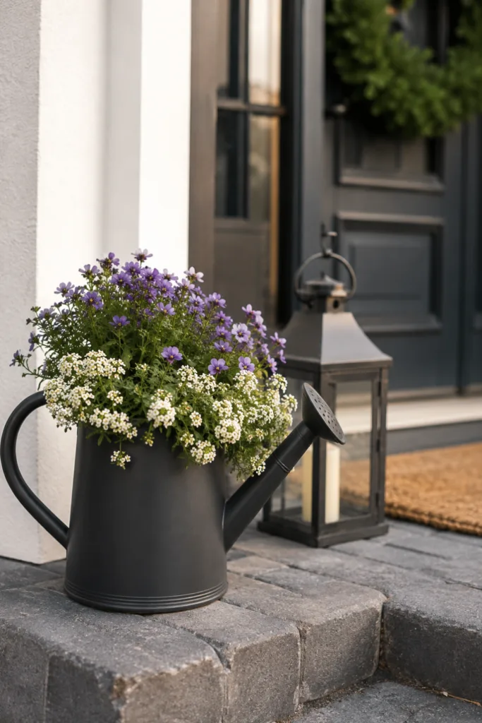 Neue Gießkanne als Gartendeko mit Blumen am Hauseingang vor moderner Haustür.