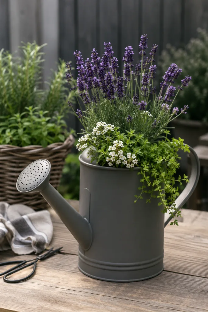 Neue Gießkanne als Pflanzgefäß mit Lavendel und Blüten auf Holztisch im Garten dekoriert.