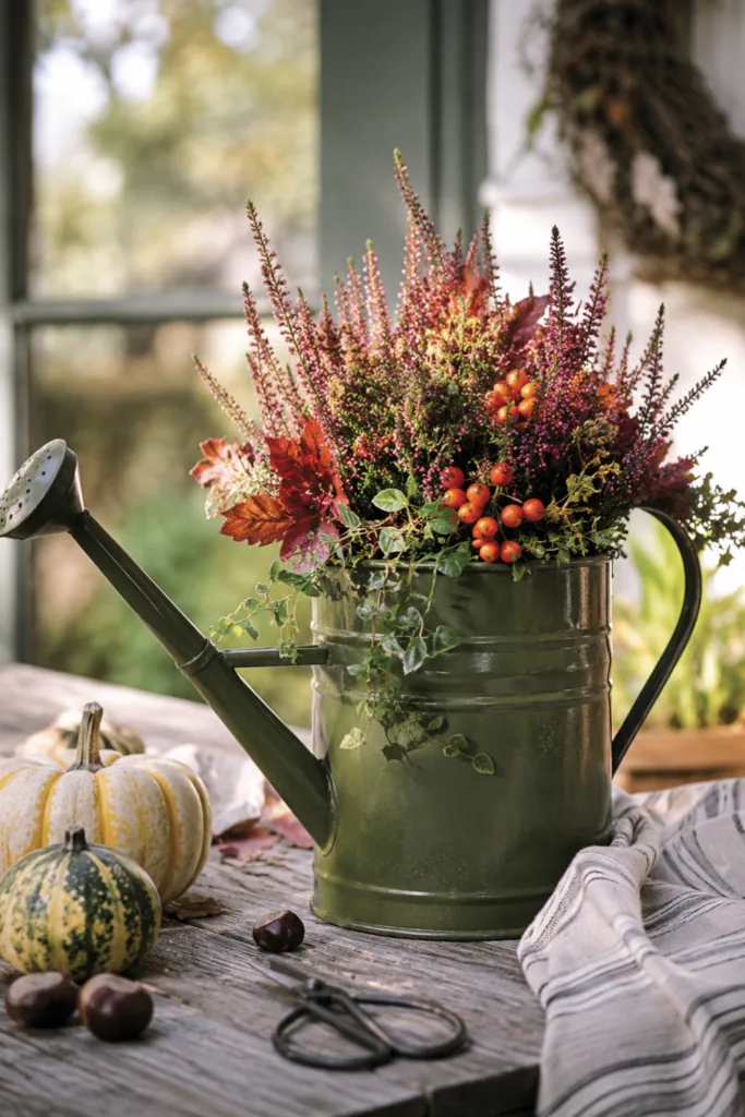 Neue Gießkanne als Gartendeko mit Herbstpflanzen, Kürbissen und saisonaler Dekoration auf der Terrasse.