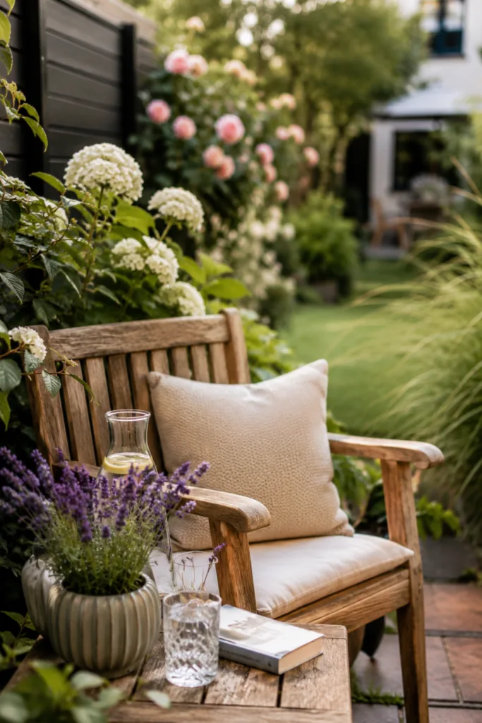 Gemütliche Sitzecke als Reihenhausgartendeko im Juni mit Holzstuhl, Lavendel und sommerlicher Gartenatmosphäre.