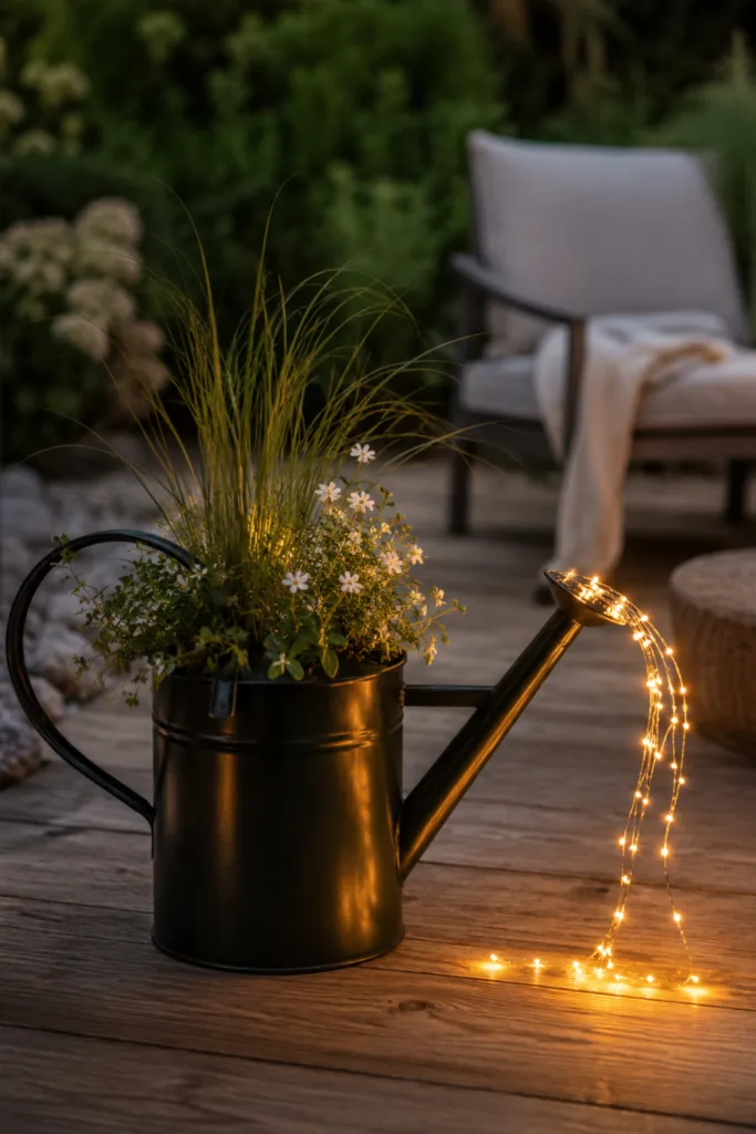 Neue Gießkanne mit LED-Beleuchtung als Gartendeko auf einer Holzterrasse am Abend.