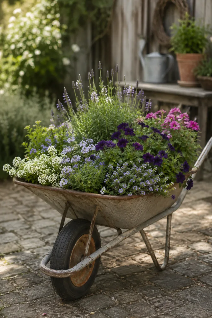 Gartendeko mit alter Schubkarre als mobiles Blumenbeet mit bunten Sommerblumen im Garten.