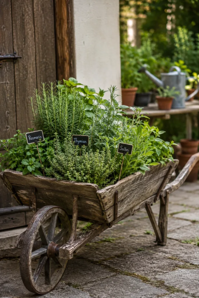 Gartendeko mit alter Schubkarre als Kräutergarten mit Rosmarin, Thymian und Salbei im Garten.