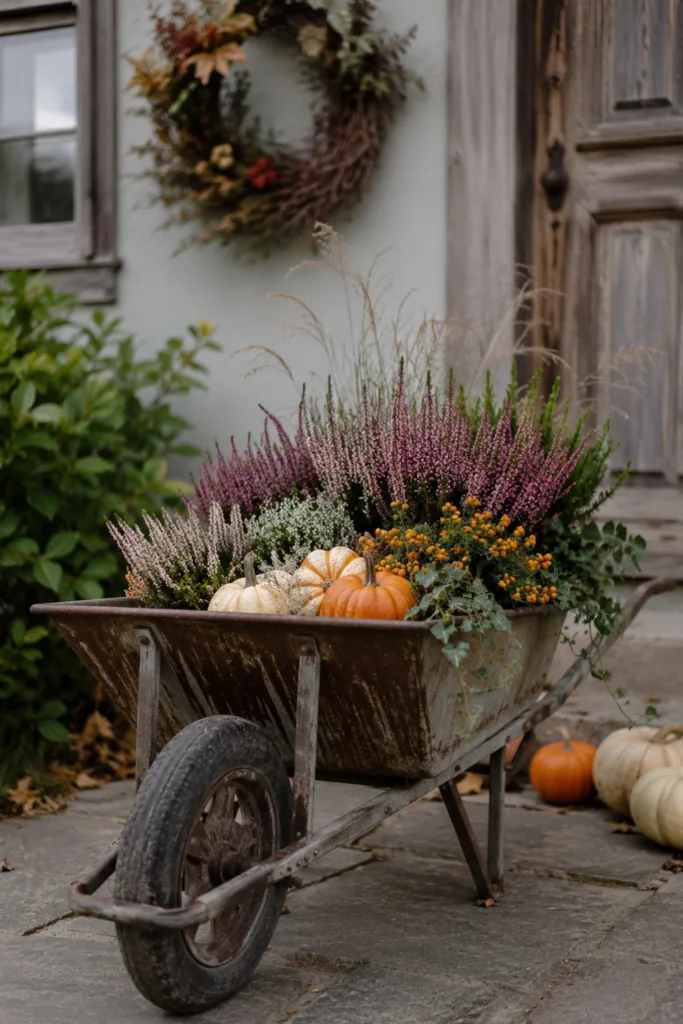 Gartendeko mit alter Schubkarre und saisonalen Pflanzen im herbstlich dekorierten Gartenbereich.