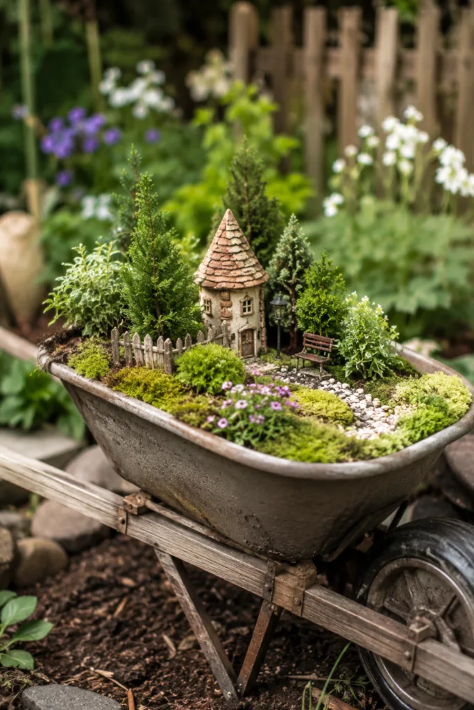 Miniaturgarten in alter Schubkarre mit Moos, Zwerggehölzen und kleinen Wegen als Gartendeko.