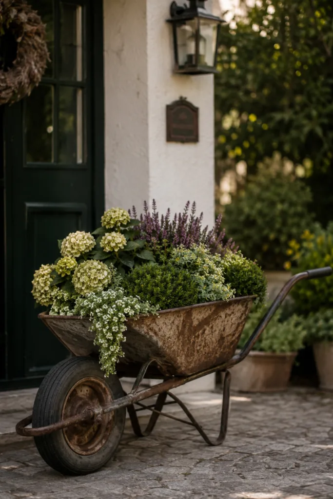 Gartendeko mit alter Schubkarre als rustikaler Blickfang am Garteneingang mit Blumen und Lavendel.