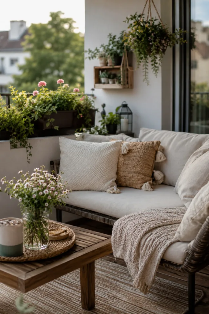 Deko für einen Balkon mit Dach im Juni mit Lounge-Ecke, Kissen, Outdoor-Teppich und Pflanzen.