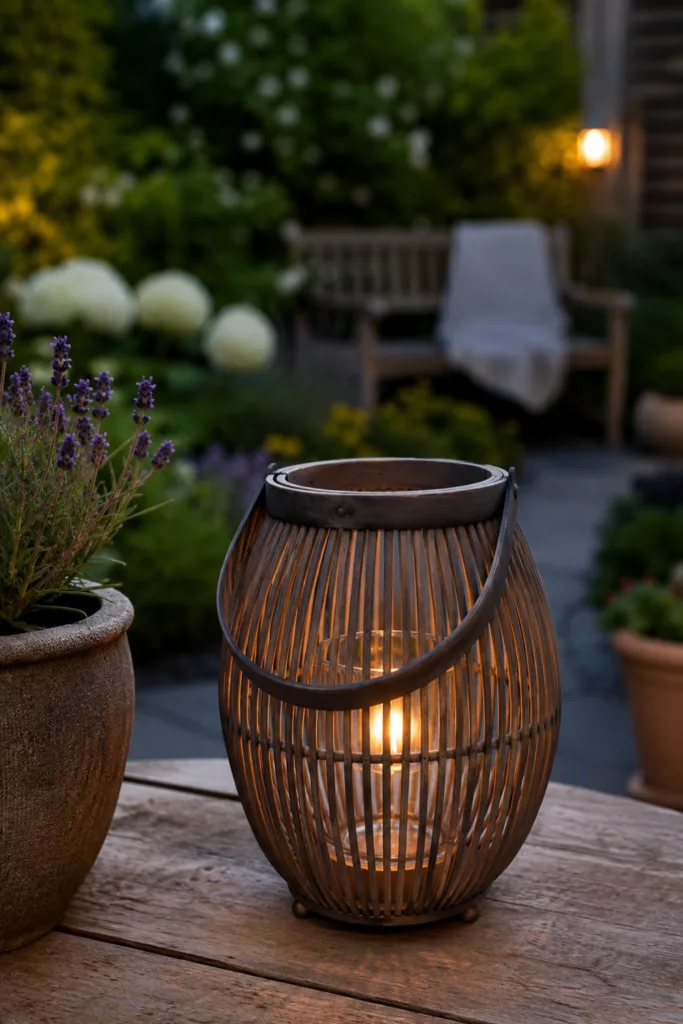 Reihenhausgartendeko im Juni mit Solarlaterne, Lichtinsel und gemütlicher Abendstimmung im Garten.