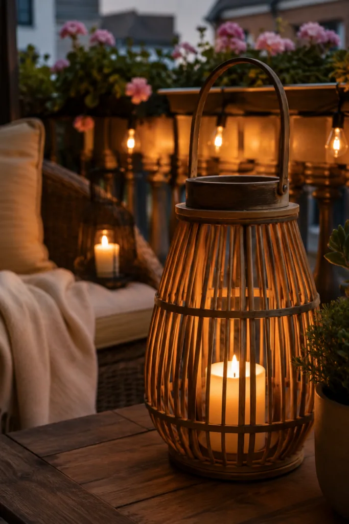 Deko für einen Balkon mit Dach im Juni mit Laterne, Lichterkette und gemütlicher Abendbeleuchtung.