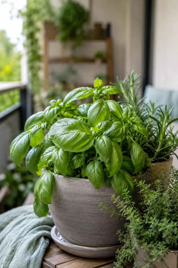 Kräuter als Deko für einen Balkon mit Dach im Juni in dekorativen Pflanzgefäßen auf einem Sitzplatz.