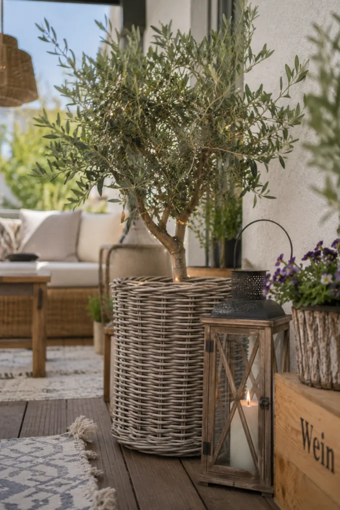 Balkon mit Dach im Juni dekoriert mit Holz, Korb, Olivenbaum und Sommerpflanzen in natürlicher Gestaltung.