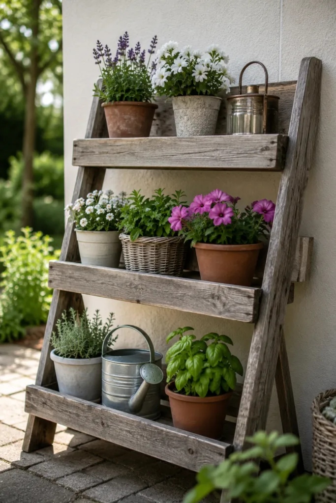 Gartendeko aus alten Zaunlatten als Pflanzenregal mit Kräutern und Blumen an einer Hauswand.