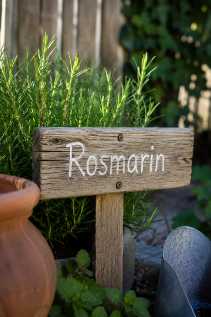 Gartendeko aus alten Zaunlatten als Kräuterschilder im Beet mit Rosmarin und rustikalem Gartencharme.