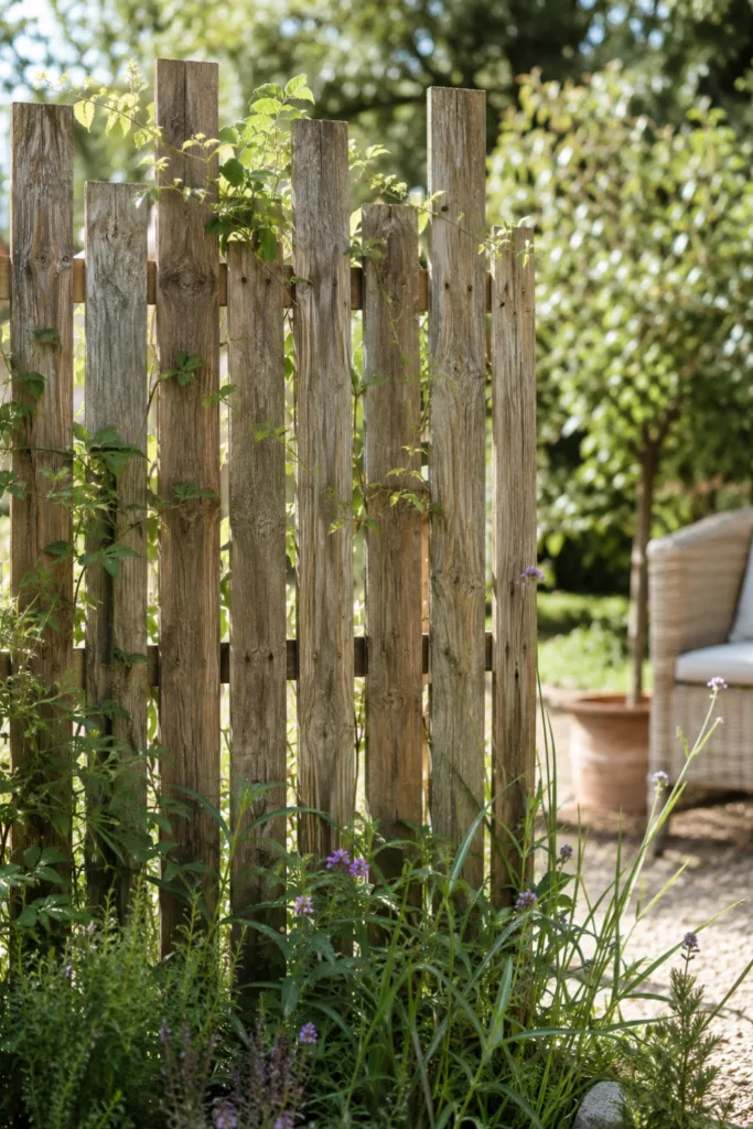Gartendeko aus alten Zaunlatten als rustikaler Sichtschutz mit Kletterpflanzen im Garten.