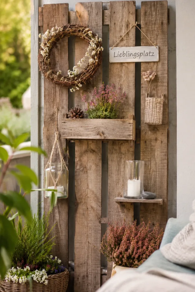 Gartendeko aus alten Zaunlatten als saisonale Dekowand mit Kranz, Pflanzen und Windlicht im Garten.