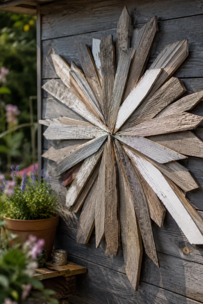 Gartendeko aus alten Zaunlatten als rustikales Gartenkunstwerk an einer Holzwand im Garten.