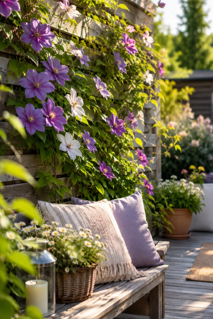 Reihenhausgartendeko im Juni mit blühender Clematis am Sichtschutzzaun als vertikale Gartengestaltung.