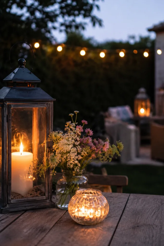 Lichtinseln mit Laternen und Kerzen als Deko für deine Gartenparty im Juni auf einer Terrasse.
