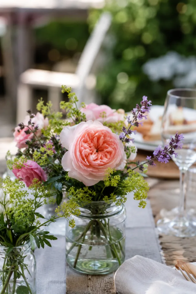 Deko für deine Gartenparty im Juni mit Rosen und Blumen aus dem Garten als natürliche Tischdekoration.