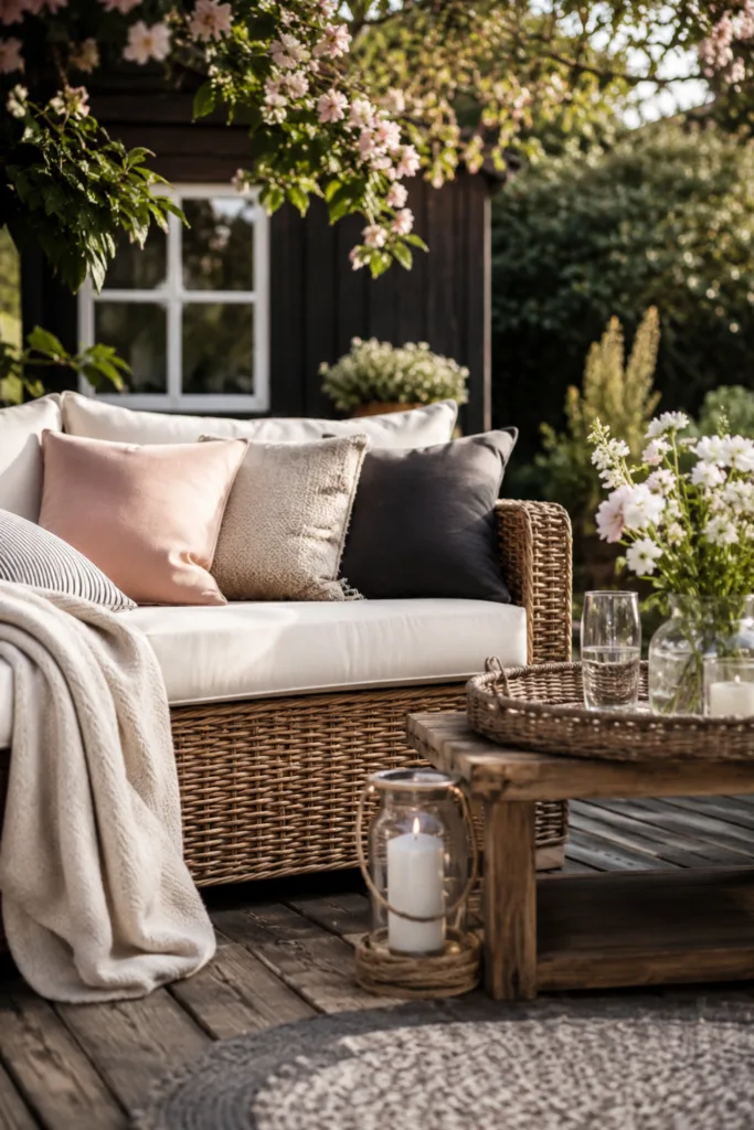 Textilien und Kissen als Deko für deine Gartenparty im Juni auf gemütlicher Gartenterrasse mit Loungebereich.