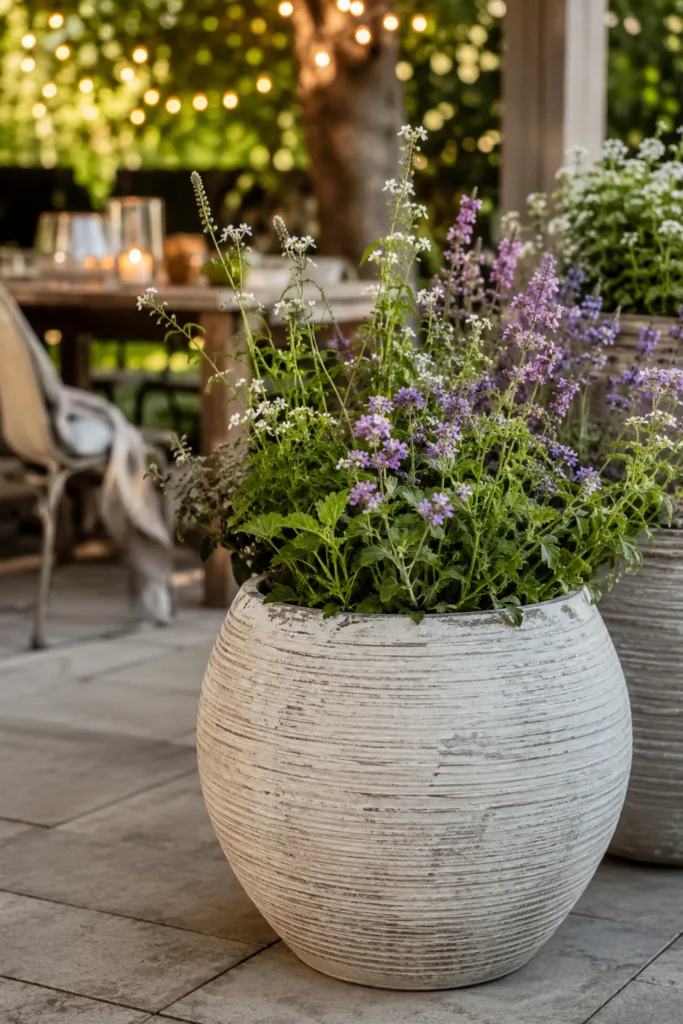 Deko für deine Gartenparty im Juni mit großen Pflanzgefäßen als dekorative Blickfänger auf der Terrasse.