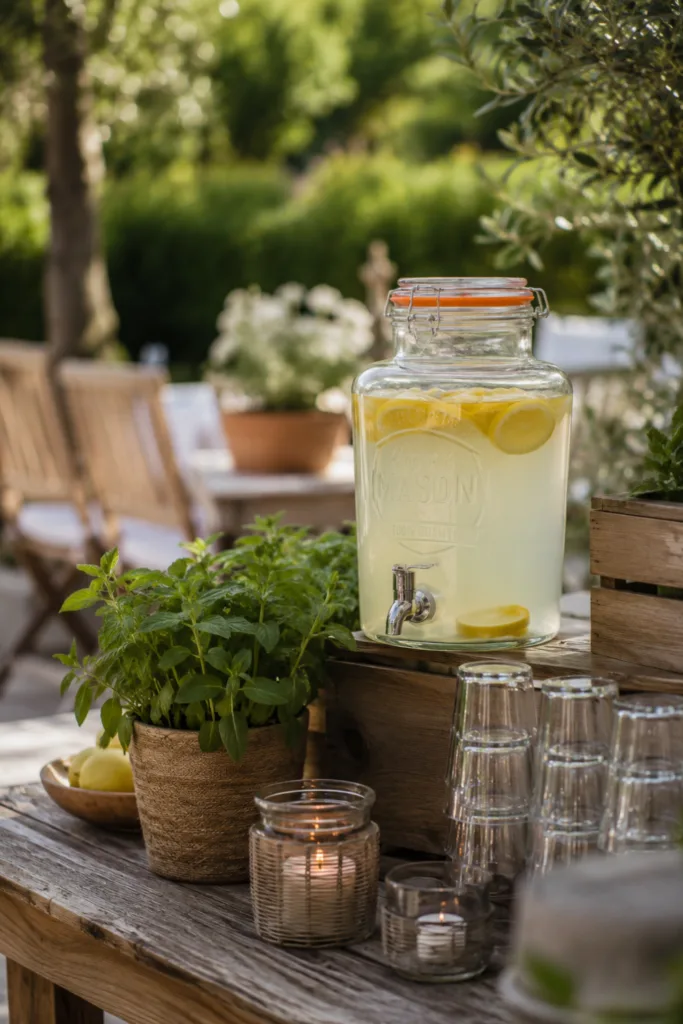 Deko für deine Gartenparty im Juni mit Getränkestation, Kräutertöpfen und stimmungsvoller Gartendekoration.