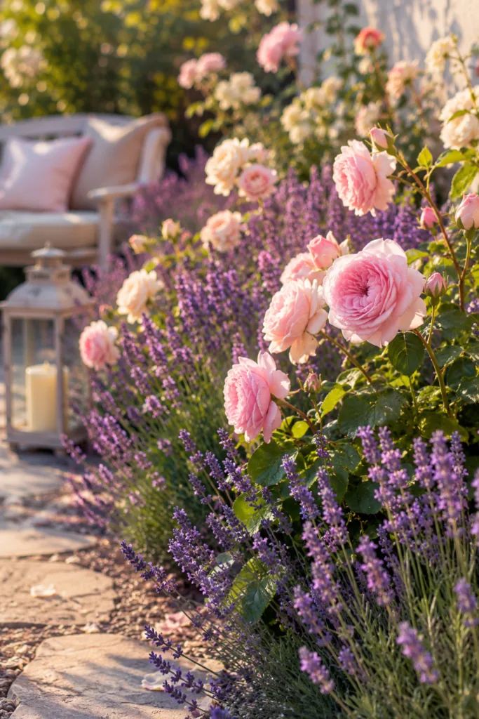 Gartendeko mit Lavendel – 5 wunderschöne Ideen für mehr Atmosphäre Gartendeko mit Lavendel und Rosen entlang eines Gartenwegs in romantischer Beetgestaltung.